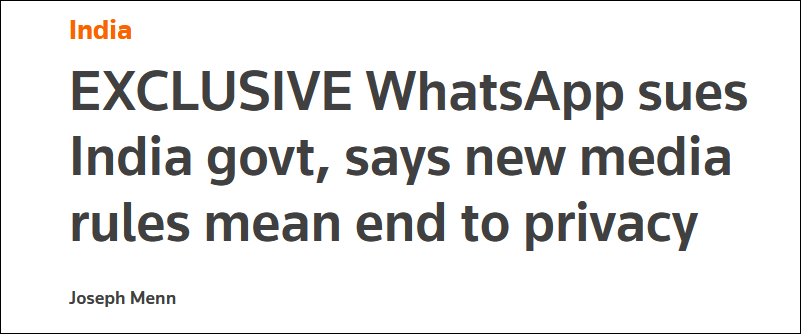 脸书旗下WhatsApp状告印度政府：媒体新规终结了隐私